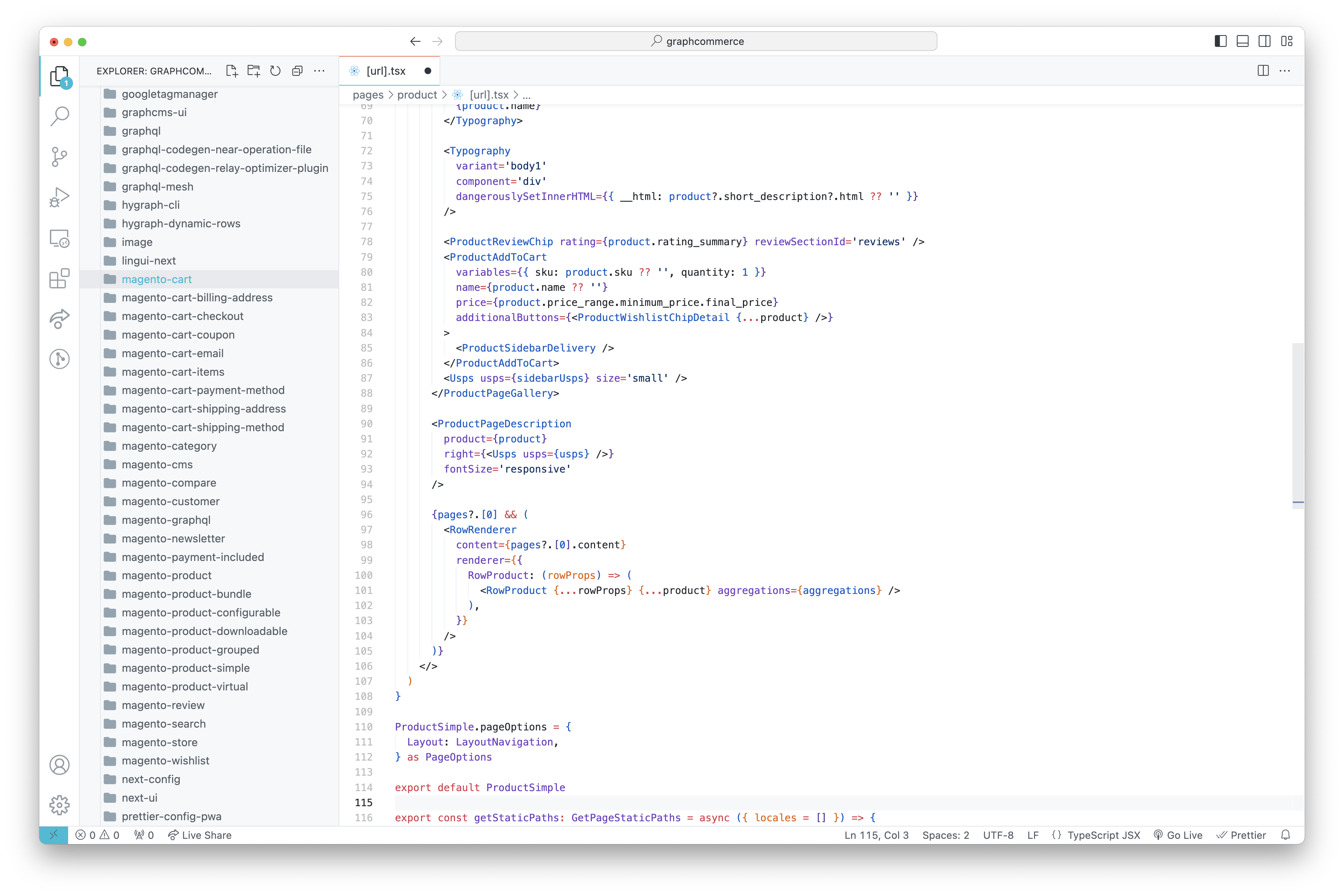Visual studio code screenshot building Magento PWA in GraphCommerce